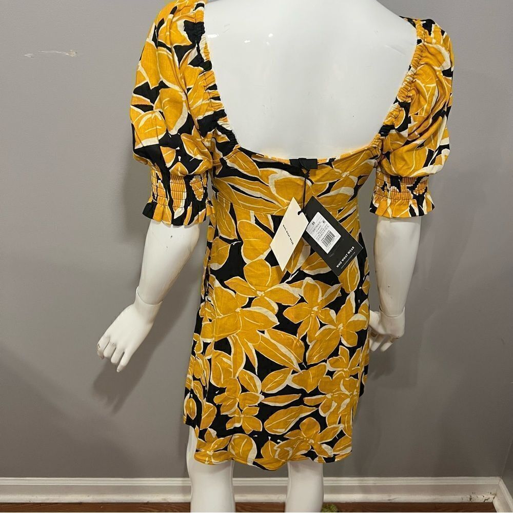 NWT Who What Wear Black/Yellow Linen Floral Print Puff Sleeve Dress - XS - Picture 12 of 16